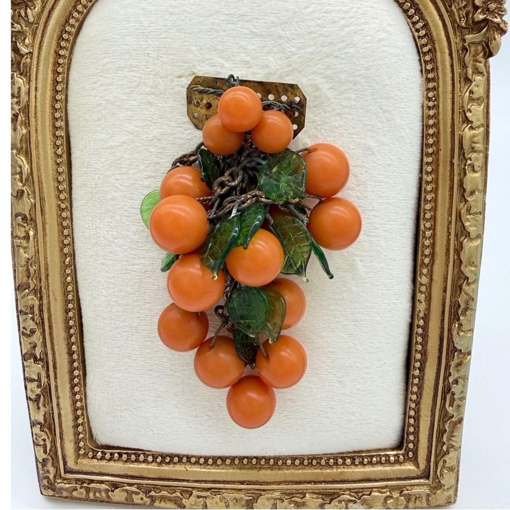 Vintage Tested Bakelite Fruit Cluster Dangle Brooch Orange Grapes Green Leaves